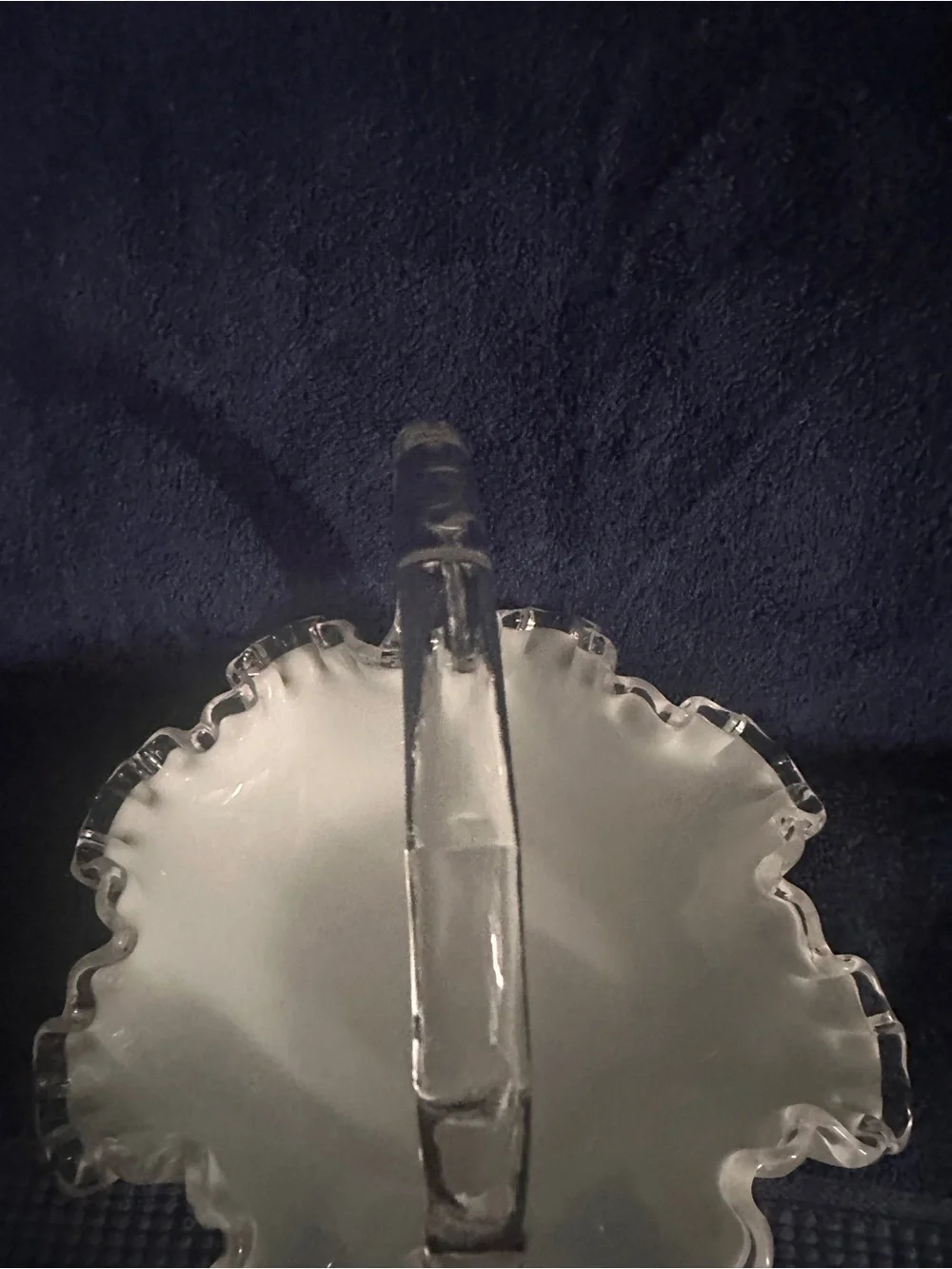 Fenton White Milk Glass Ruffled Basket with Clear Handle